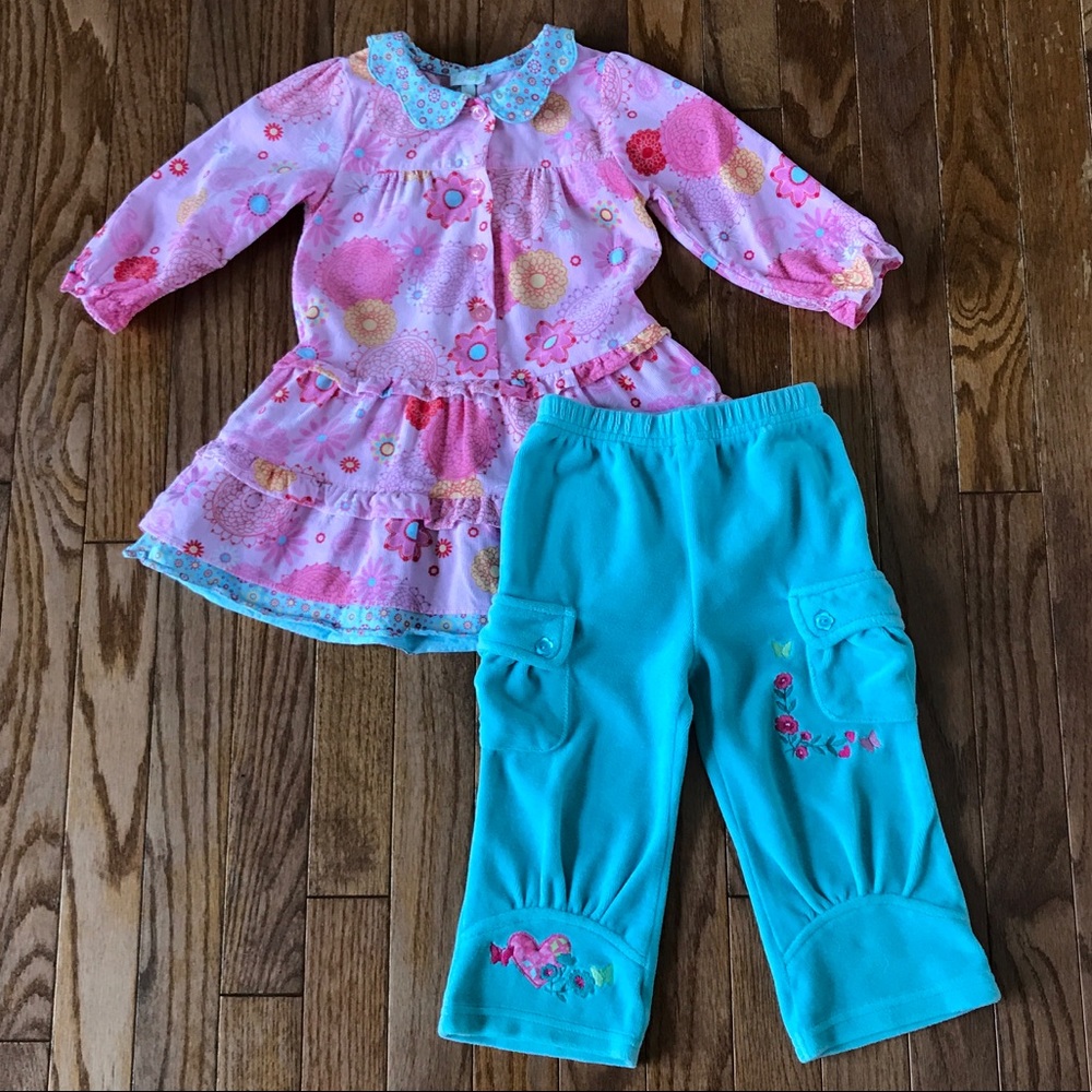 Le Top NWT Baby Girl Pink Turquoise Blue Corduroy Velour Top Pants Set Sz 18 M